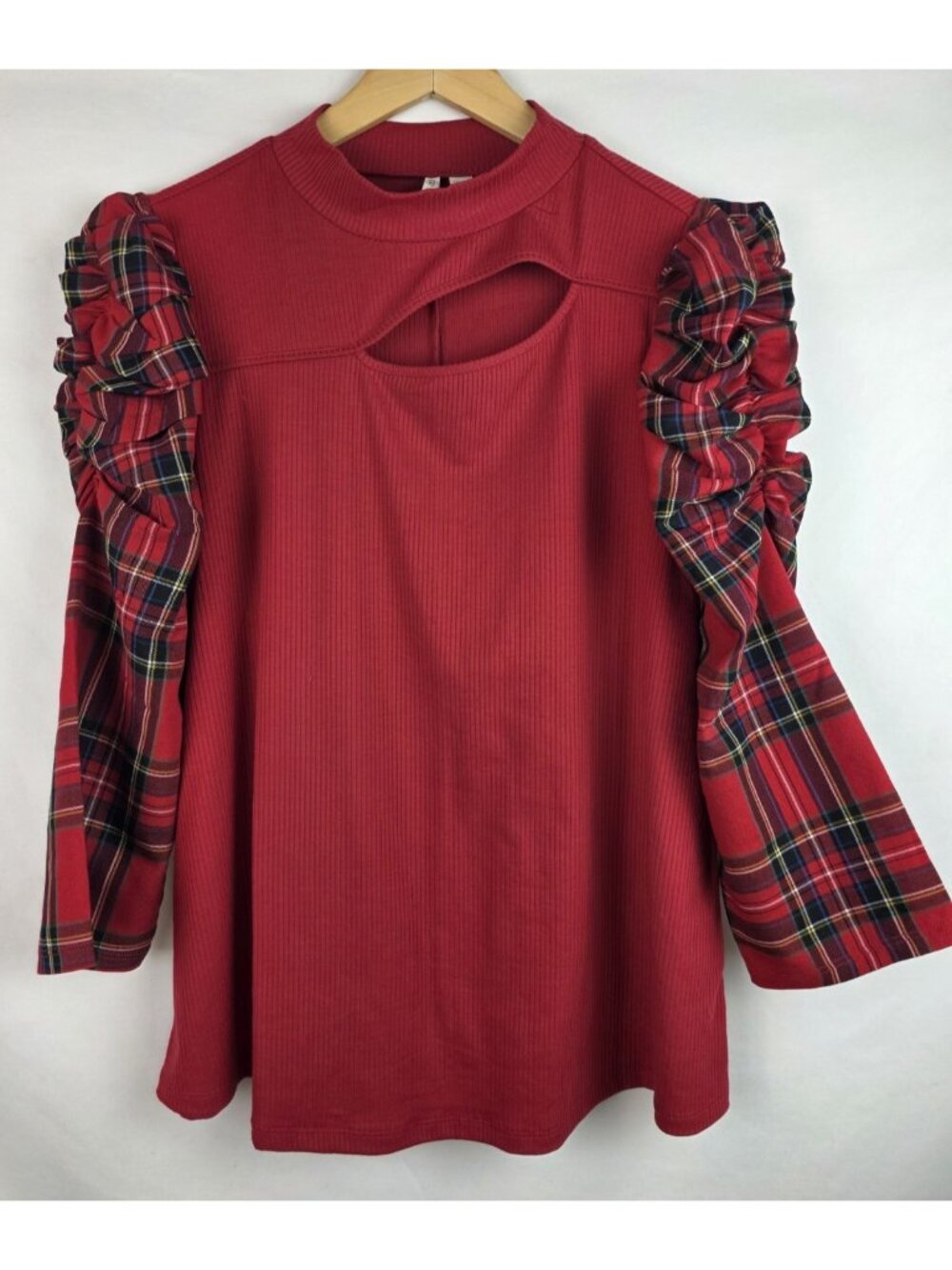 Cato Women's Top Plus Size 14/16W XL Red Plaid Holiday Ruffle 3/4 Sleeve Shirt